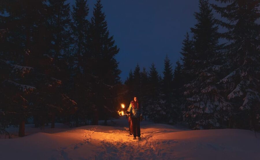 Oslo: Snowy Forest Torchlight Walk with Campfire - From Backstube Opera to the hills above Oslo